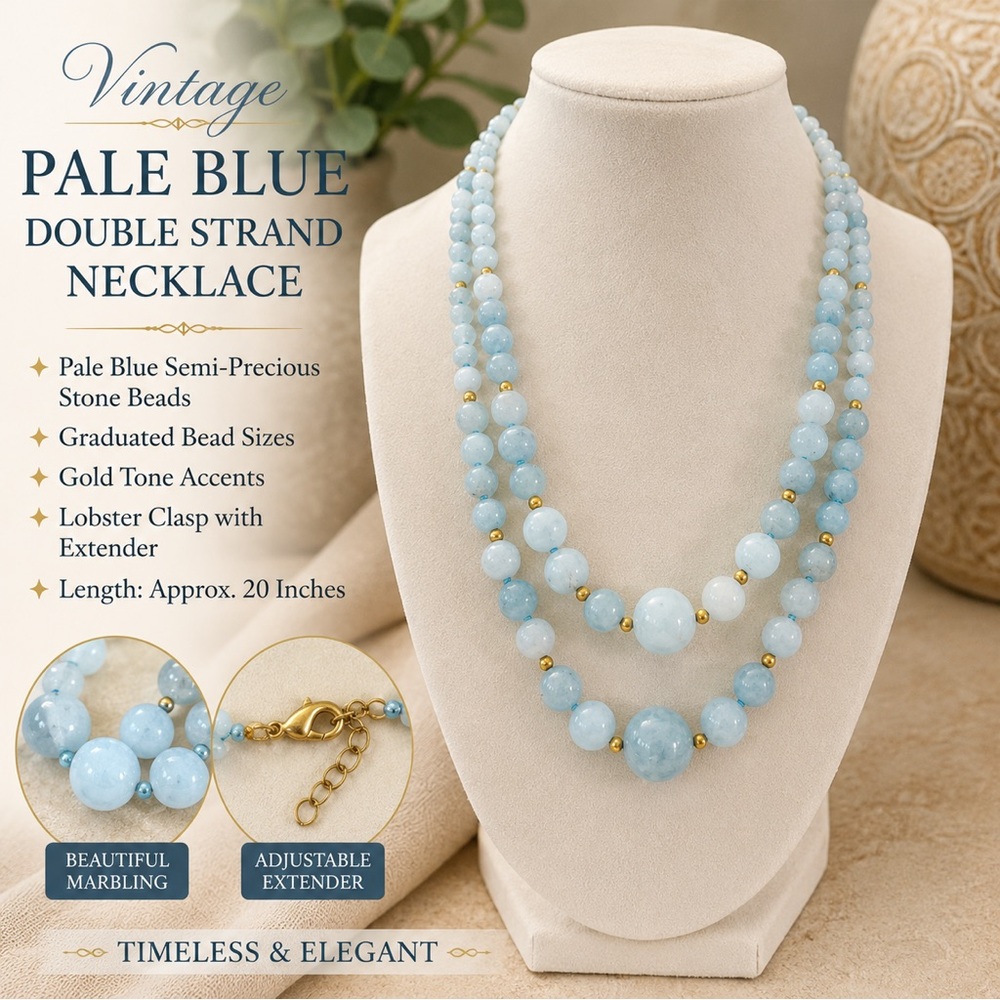 Vintage Pale Blue Double Strand Semi-Precious Stone Necklace 20” Gold Tone